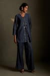 Shop_Charkhee_Blue Chanderi, Voile Embroidery V-neck Cresent Moon Shirt With Pant _Online_at_Aza_Fashions
