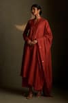 Buy_Charkhee_Red Chanderi, Voile Embroidery Split V-neck Mul Kurta Set _at_Aza_Fashions