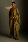 Buy_Charkhee_Olive Green Chanderi, Voile Embroidery V-neck Mul Kurta Set _at_Aza_Fashions