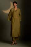 Buy_Charkhee_Olive Green Chanderi, Voile Embroidery V-neck Mul Kurta Set _Online_at_Aza_Fashions