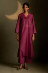 Buy_Charkhee_Burgundy Chanderi, Voile Embroidery V-neck Moon Pattern Kurta Set _Online_at_Aza_Fashions