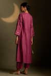Charkhee_Burgundy Chanderi, Voile Embroidery V-neck Moon Pattern Kurta Set _at_Aza_Fashions