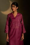 Buy_Charkhee_Burgundy Chanderi, Voile Embroidery V-neck Moon Pattern Kurta Set 