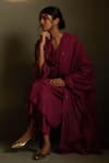 Shop_Charkhee_Burgundy Chanderi, Voile Embroidery V-neck Moon Pattern Kurta Set 