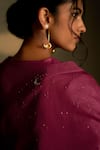 Charkhee_Burgundy Chanderi, Voile Embroidery V-neck Moon Pattern Kurta Set _Online