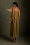 Shop_Charkhee_Olive Green Chanderi, Voile Embroidery V-neck Mul Dress _at_Aza_Fashions