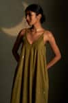 Shop_Charkhee_Olive Green Chanderi, Voile Embroidery V-neck Mul Dress _Online_at_Aza_Fashions