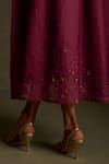 Charkhee_Burgundy Chanderi, Voile Embroidery V-neck Cresent Moon Pattern Dress With Scarf _Online_at_Aza_Fashions