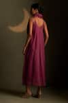 Shop_Charkhee_Burgundy Chanderi, Voile Embroidery V-neck Cresent Moon Pattern Dress With Scarf _at_Aza_Fashions