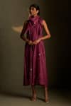 Buy_Charkhee_Burgundy Chanderi, Voile Embroidery V-neck Cresent Moon Pattern Dress With Scarf _at_Aza_Fashions
