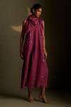 Shop_Charkhee_Burgundy Chanderi, Voile Embroidery V-neck Cresent Moon Pattern Dress With Scarf _Online_at_Aza_Fashions