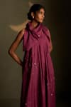 Charkhee_Burgundy Chanderi, Voile Embroidery V-neck Cresent Moon Pattern Dress With Scarf _at_Aza_Fashions