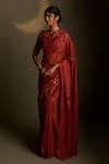Buy_Charkhee_Red Chanderi, Voile Embroidery Sweetheart Neck Mul Saree With Blouse _at_Aza_Fashions