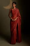 Buy_Charkhee_Red Chanderi, Voile Embroidery V-, Scoop Mul Saree With Blouse _at_Aza_Fashions