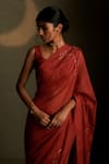 Charkhee_Red Chanderi, Voile Embroidery V-, Scoop Mul Saree With Blouse _Online_at_Aza_Fashions