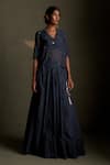 Buy_Charkhee_Blue Chanderi, Voile Embroidery V-neck Cresent Moon Pattern Tunic And Lehenga Set _at_Aza_Fashions