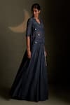 Buy_Charkhee_Blue Chanderi, Voile Embroidery V-neck Cresent Moon Pattern Tunic And Lehenga Set _Online_at_Aza_Fashions