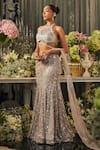 Buy_Isa By Dolly Wahal_Gray Net Sequins, Crystals, Embroidery Halter Lola Metallic Skirt And Blouse Set _Online_at_Aza_Fashions