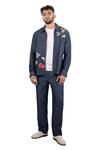 Raw & Rustic By Niti Bothra_Blue Denim, Tencel Patchwork Dark Grid Zipper Shacket _Online_at_Aza_Fashions