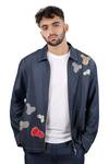 Raw & Rustic By Niti Bothra_Blue Denim, Tencel Patchwork Dark Grid Zipper Shacket _at_Aza_Fashions