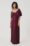 Buy_Aroka_Burgundy Modal, Satin Off-shoulder Berry Bow Dress _at_Aza_Fashions