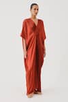 Buy_Aroka_Rust Modal, Satin V-neck Regal Kaftan _at_Aza_Fashions