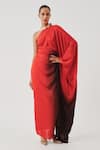 Buy_Aroka_Red Modal, Satin One Shoulder Ombre Effect Kaftan _at_Aza_Fashions