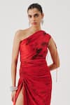 Aroka_Red Modal, Satin One Shoulder Rosie Draped Dress _Online_at_Aza_Fashions