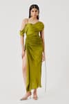 Buy_Aroka_Olive Green Modal, Satin One Shoulder Ruched Dress _at_Aza_Fashions