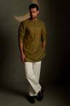 Charkhee_Olive Green Chanderi, Voile, Poplin Embroidery Mul Kurta With Pant _Online_at_Aza_Fashions