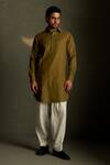 Charkhee_Olive Green Chanderi, Voile, Poplin Embroidery Mul Kurta With Pant _Online_at_Aza_Fashions