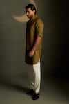 Buy_Charkhee_Olive Green Chanderi, Voile, Poplin Embroidery Moon Pattern Bundi Kurta Set _Online_at_Aza_Fashions