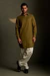 Shop_Charkhee_Olive Green Chanderi, Voile, Poplin Embroidery Moon Pattern Bundi Kurta Set _at_Aza_Fashions