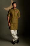 Buy_Charkhee_Olive Green Chanderi, Voile, Poplin Embroidery Moon Pattern Bundi Kurta Set _at_Aza_Fashions