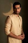 Charkhee_Beige Chanderi, Voile Embroidery Moon Pattern Bundi _Online_at_Aza_Fashions