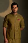 Buy_Charkhee_Olive Green Chanderi, Voile Embroidery Moon Pattern Bundi _at_Aza_Fashions
