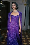 Mishru_Purple Tulle Embroidery, Sequins Sweetheart Neck, Round Cassia Gown With Cape _Online_at_Aza_Fashions
