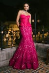 Shop_Mishru_Fuchsia Satin, Tulle Applique, Embroidery, Sequins Sienna Corset With Skirt _at_Aza_Fashions