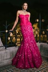 Buy_Mishru_Fuchsia Satin, Tulle Applique, Embroidery, Sequins Sienna Corset With Skirt _at_Aza_Fashions