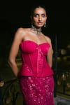 Mishru_Fuchsia Satin, Tulle Applique, Embroidery, Sequins Sienna Corset With Skirt _at_Aza_Fashions