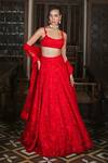 Shop_Mishru_Red Organza Embroidery, Sequins, Applique Scoop Neck Emma Lehenga Set _at_Aza_Fashions