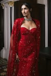 Mishru_Red Tulle Embroidery, Sequins Sweetheart Neck, Open Esme Corset And Skirt Set _Online_at_Aza_Fashions
