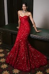 Shop_Mishru_Red Tulle Embroidery, Sequins Sweetheart Neck, Open Esme Corset And Skirt Set _at_Aza_Fashions