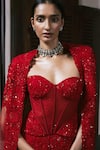 Buy_Mishru_Red Tulle Embroidery, Sequins Sweetheart Neck, Open Esme Corset And Skirt Set 