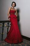 Buy_Mishru_Red Organza Embroidery, Mirrors, Sequins Bandeau Neck Freya Corset With Skirt _at_Aza_Fashions