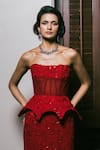 Mishru_Red Organza Embroidery, Mirrors, Sequins Bandeau Neck Freya Corset With Skirt _Online_at_Aza_Fashions