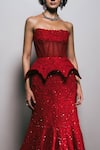 Shop_Mishru_Red Organza Embroidery, Mirrors, Sequins Bandeau Neck Freya Corset With Skirt _Online_at_Aza_Fashions