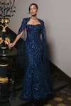 Shop_Mishru_Navy Tulle Sequins, Embroidery Sweetheart Neck, Round Yana Corset And Skirt Set _Online_at_Aza_Fashions