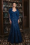 Shop_Mishru_Blue Organza Embroidery, Sequins Sweetheart Neck, Open Aria Gown And Cape Set _at_Aza_Fashions