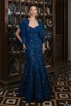 Buy_Mishru_Blue Organza Embroidery, Sequins Sweetheart Neck, Open Aria Gown And Cape Set _at_Aza_Fashions